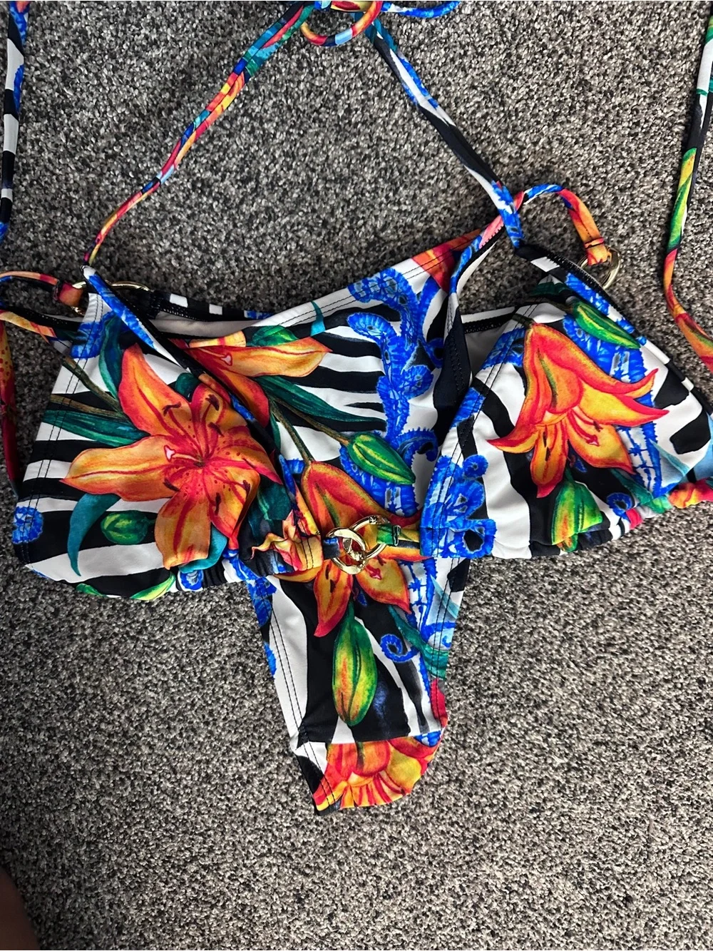 Floral Stripe Triangle Bikini Set - Orange & Blue